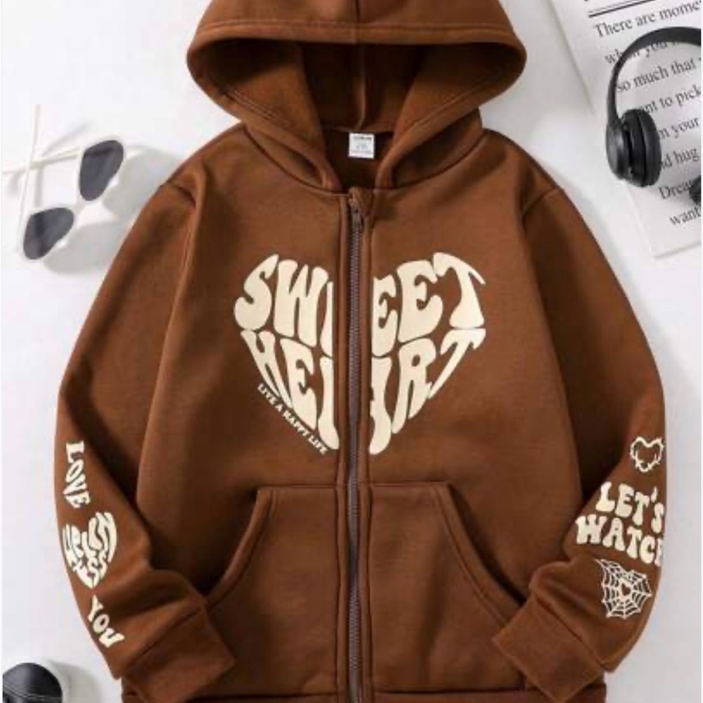 SHEIN Brown Hoodie with Sweet Heart Graphic